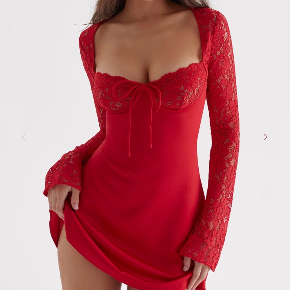 House of CB Jennica Red Rose Satin And Lace Mini Dress